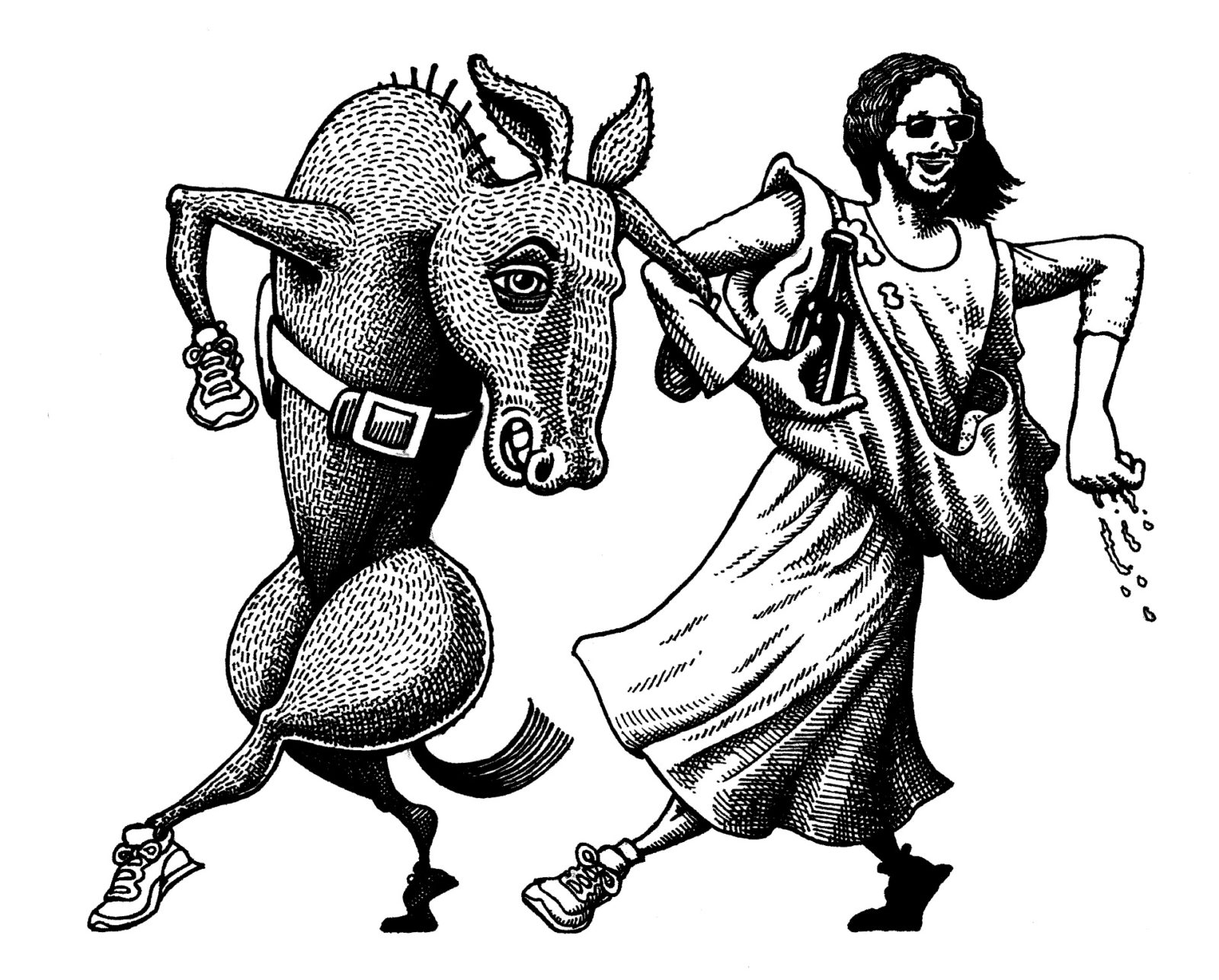 Dancing HashJesus tossing flour with dancing Sancho the Flour Mule (2008)