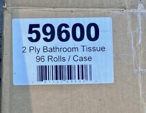 Corrugated Box label reading 2 Ply Bathroom Tissue 96 Rolls per Case