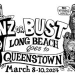 Black & white LBH3 Queensland Interhash 2024 designed by Nut N Honey with text "NZ or Bust Long Beach goes to Queenstown" March 8-10, 2024